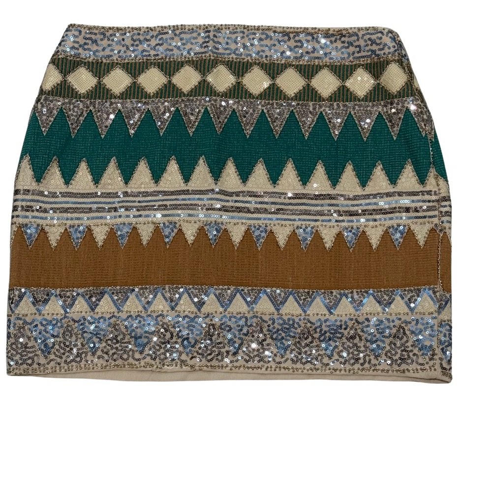 Endless Rose English Rose Tribal Sequin Mini Skirt M Beige Teal Brown Aztec Geo